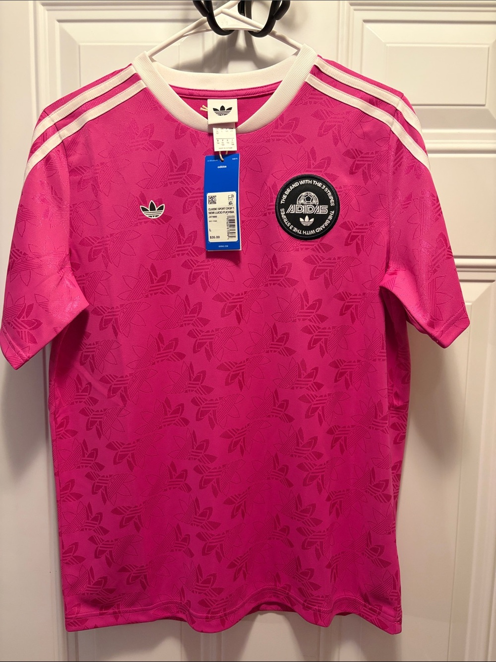adidas Hot Pink Trefoil Sport Tee with White Stripes